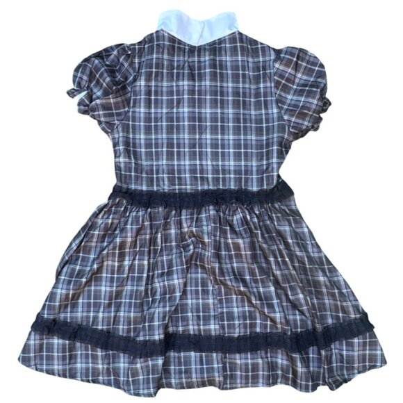 Vintage Style Plaid Dress Gothic Victorian Puff Sleeves White Collar Black Bow R - Picture 3 of 10